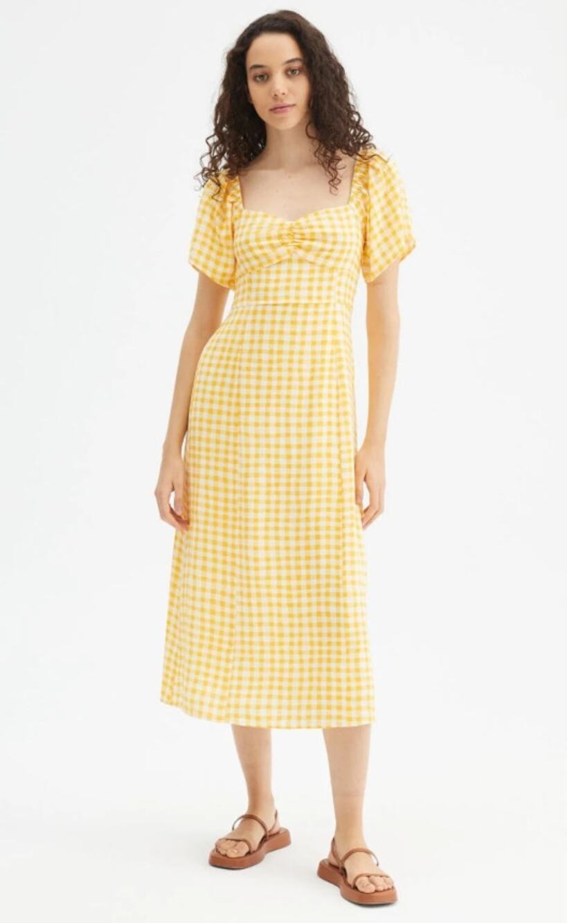 Compania Fantastica NEW Yellow Gingham Sweetheart Smocked Midi Dress Large